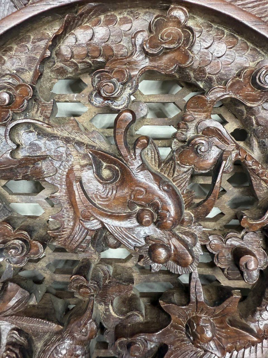 Haut Relief En Bois Sculpté Asiatique Décor Dragon-photo-4