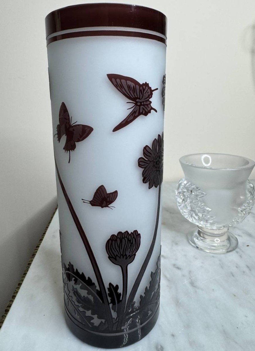 Chinese (beijing) Cameo Glass Vase With Butterflies And Flowers