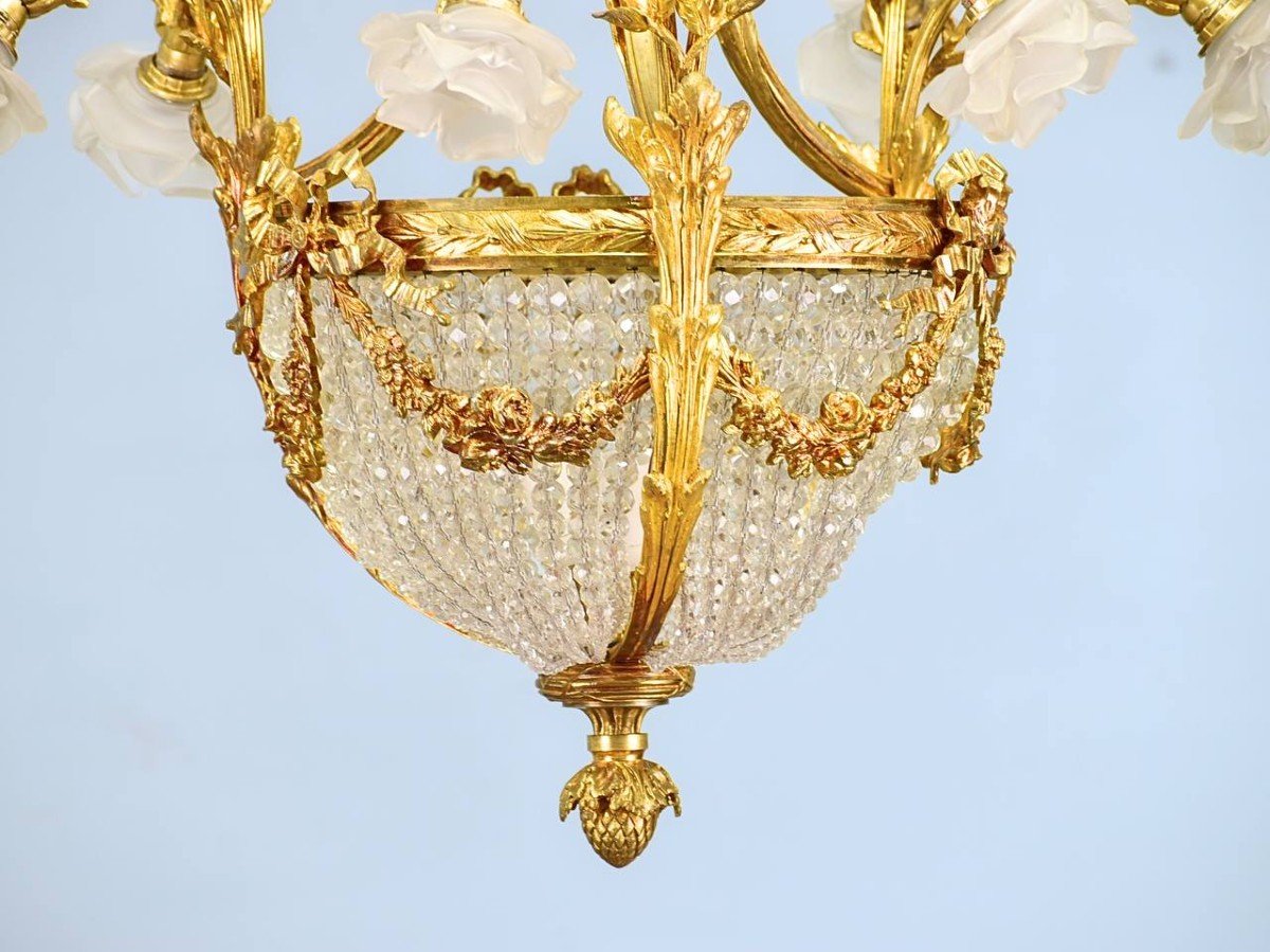  Lustre En Bronze Doré , Cristal Et Tulipes En Pâte De Verre, Style Louis XVI-photo-3