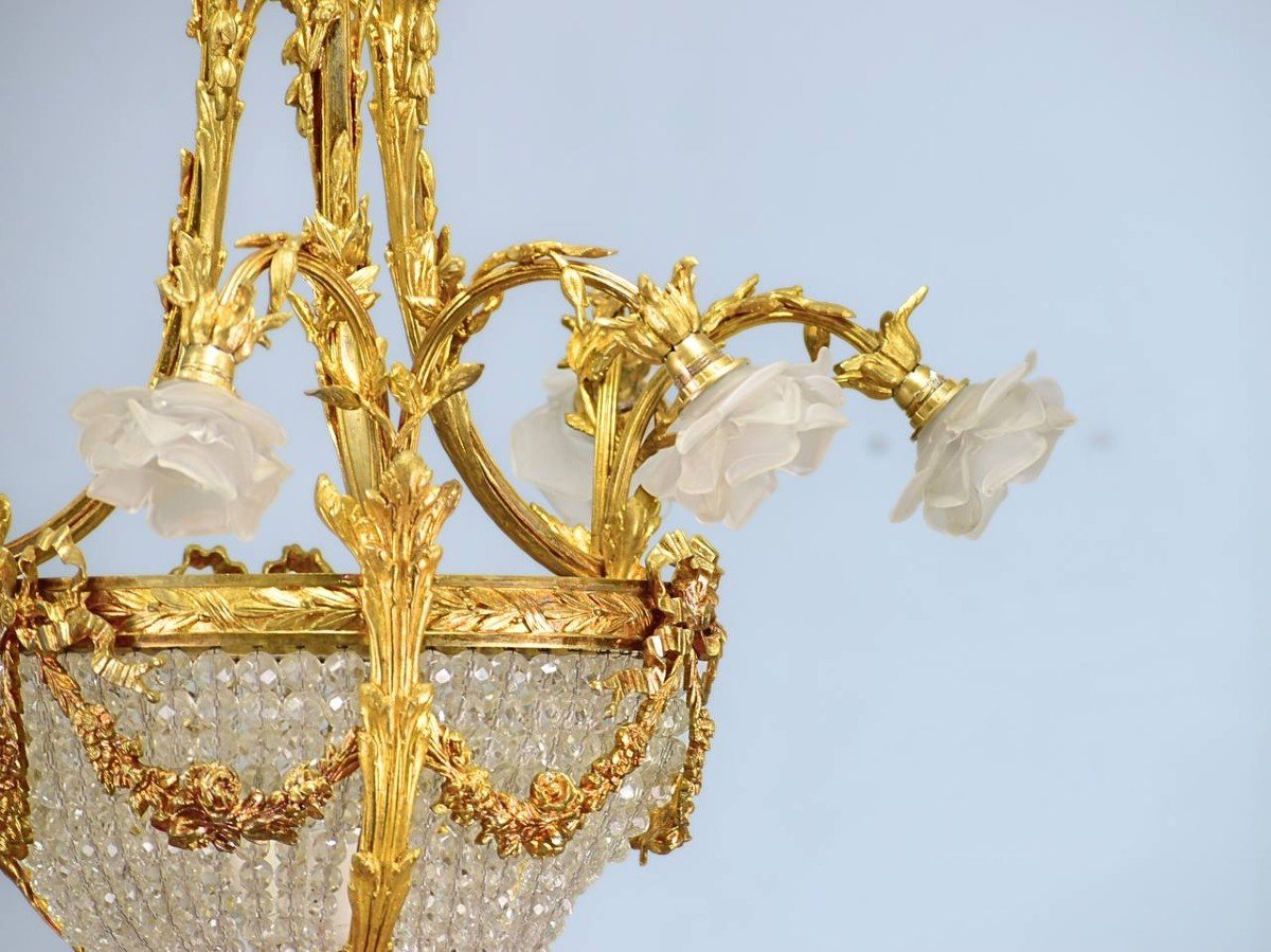  Lustre En Bronze Doré , Cristal Et Tulipes En Pâte De Verre, Style Louis XVI-photo-2