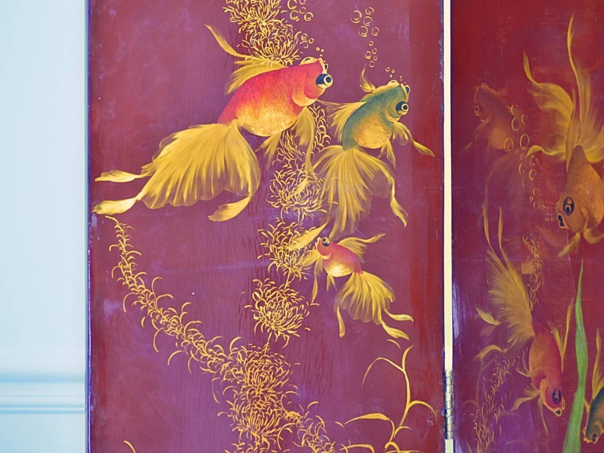 Hanoi School Of Fine Arts (1925-1945) Six-panel Lacquered Screen “goldfish”-photo-1