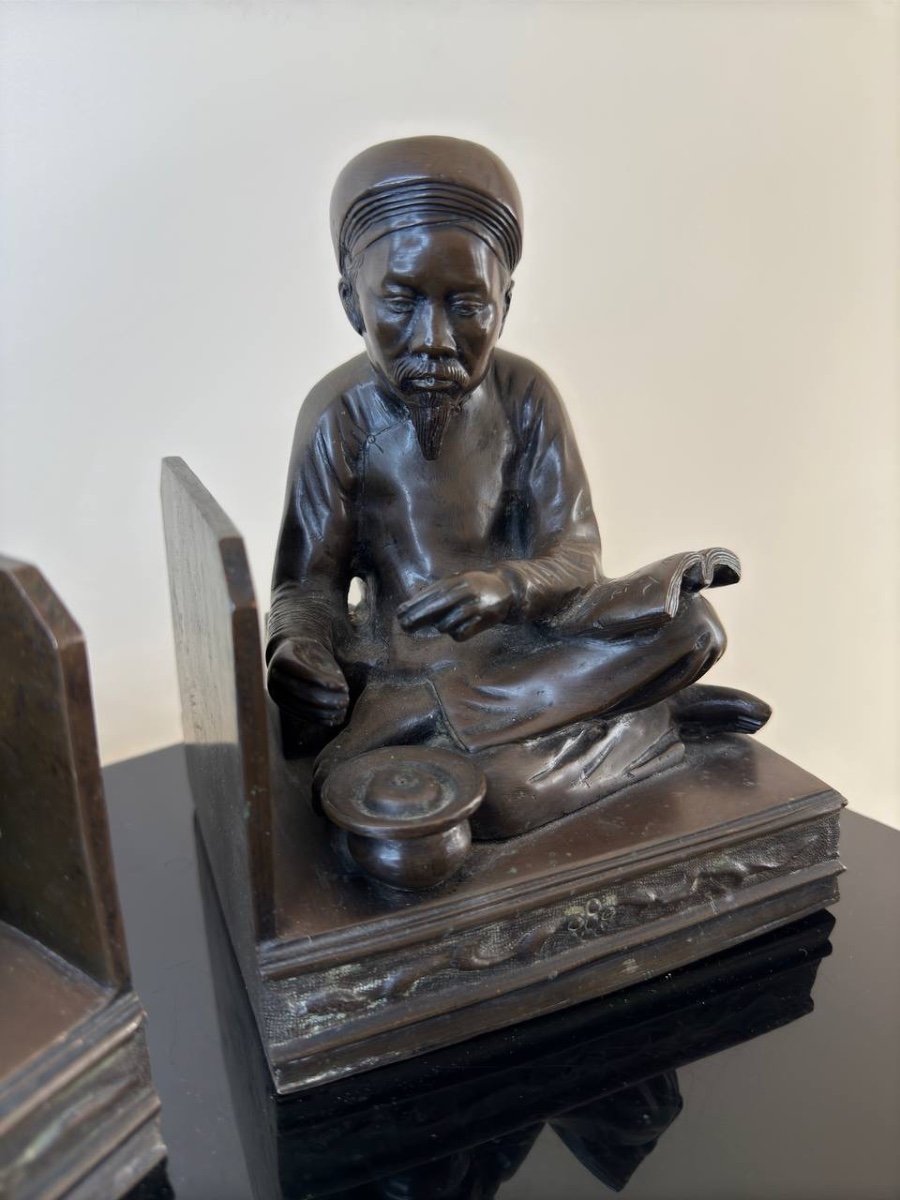 Pair Of Bronze Bookends From Vietnam “the Scholar And The Smoker”-photo-3