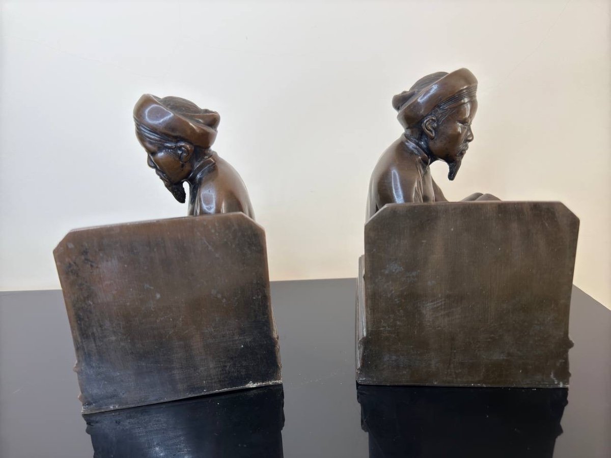 Pair Of Bronze Bookends From Vietnam “the Scholar And The Smoker”-photo-2