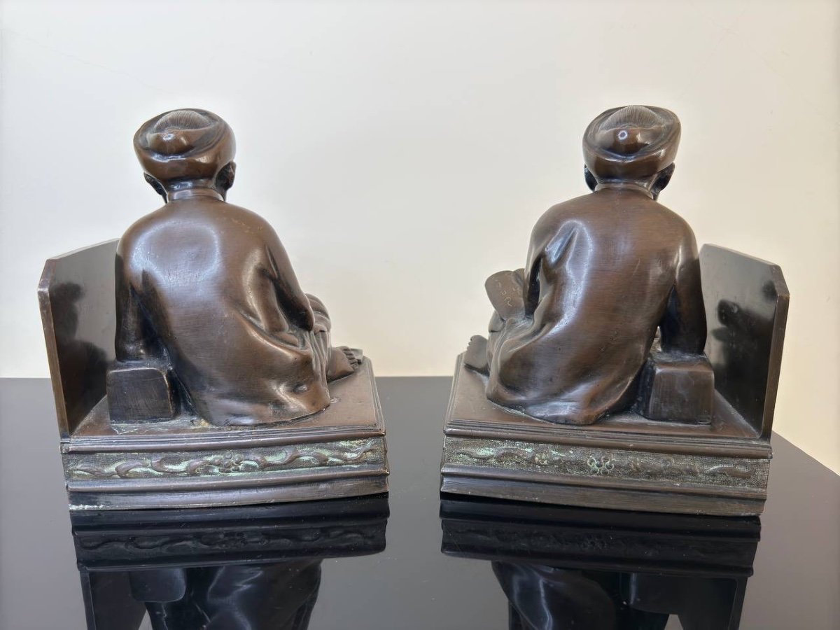 Pair Of Bronze Bookends From Vietnam “the Scholar And The Smoker”-photo-3