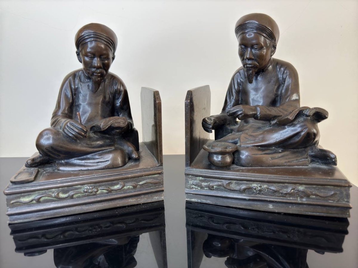 Pair Of Bronze Bookends From Vietnam “the Scholar And The Smoker”