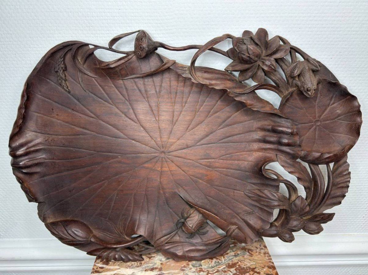 Indochine XIXe Grand Plateau En Bois Sculpté Nénuphar Fleurs Crabe.-photo-3