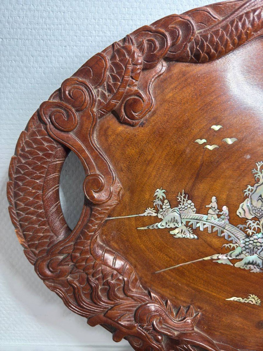 Wooden Tray, Dragons, Mother-of-pearl Inlays, Indochinese.-photo-3