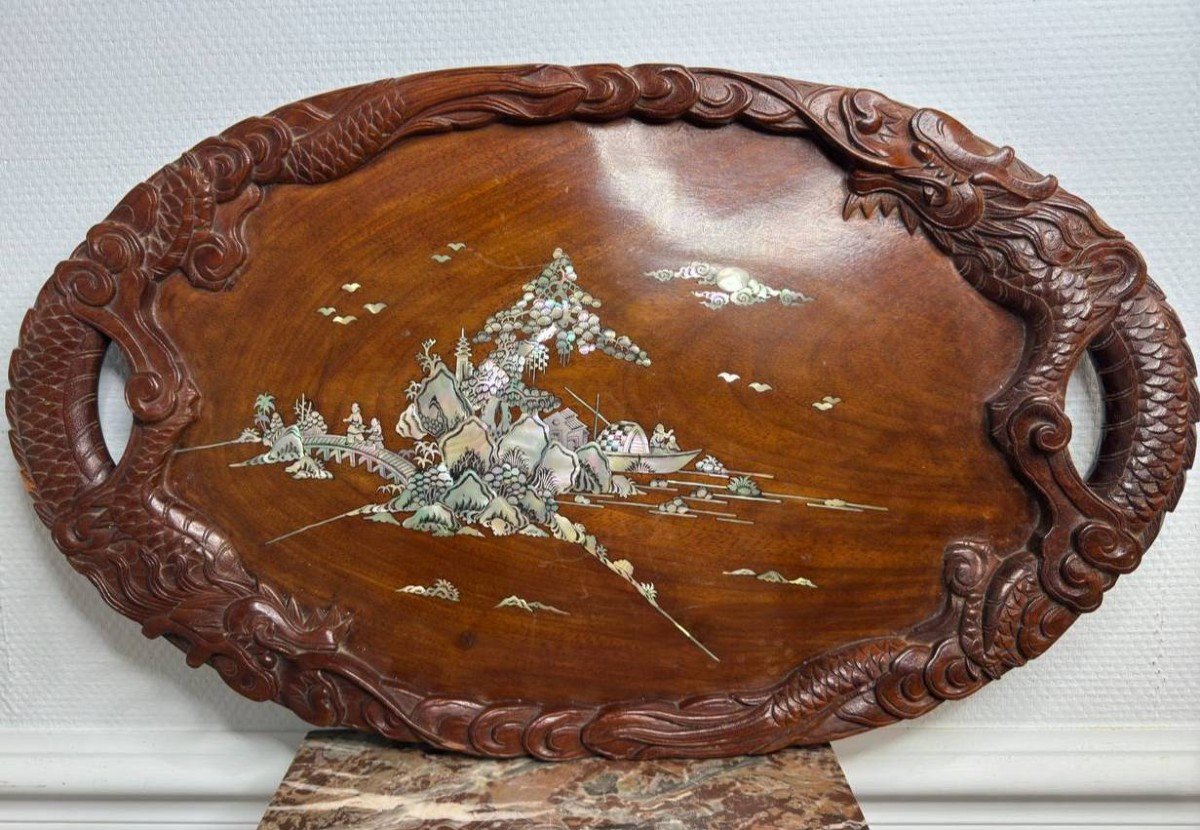 Wooden Tray, Dragons, Mother-of-pearl Inlays, Indochinese.