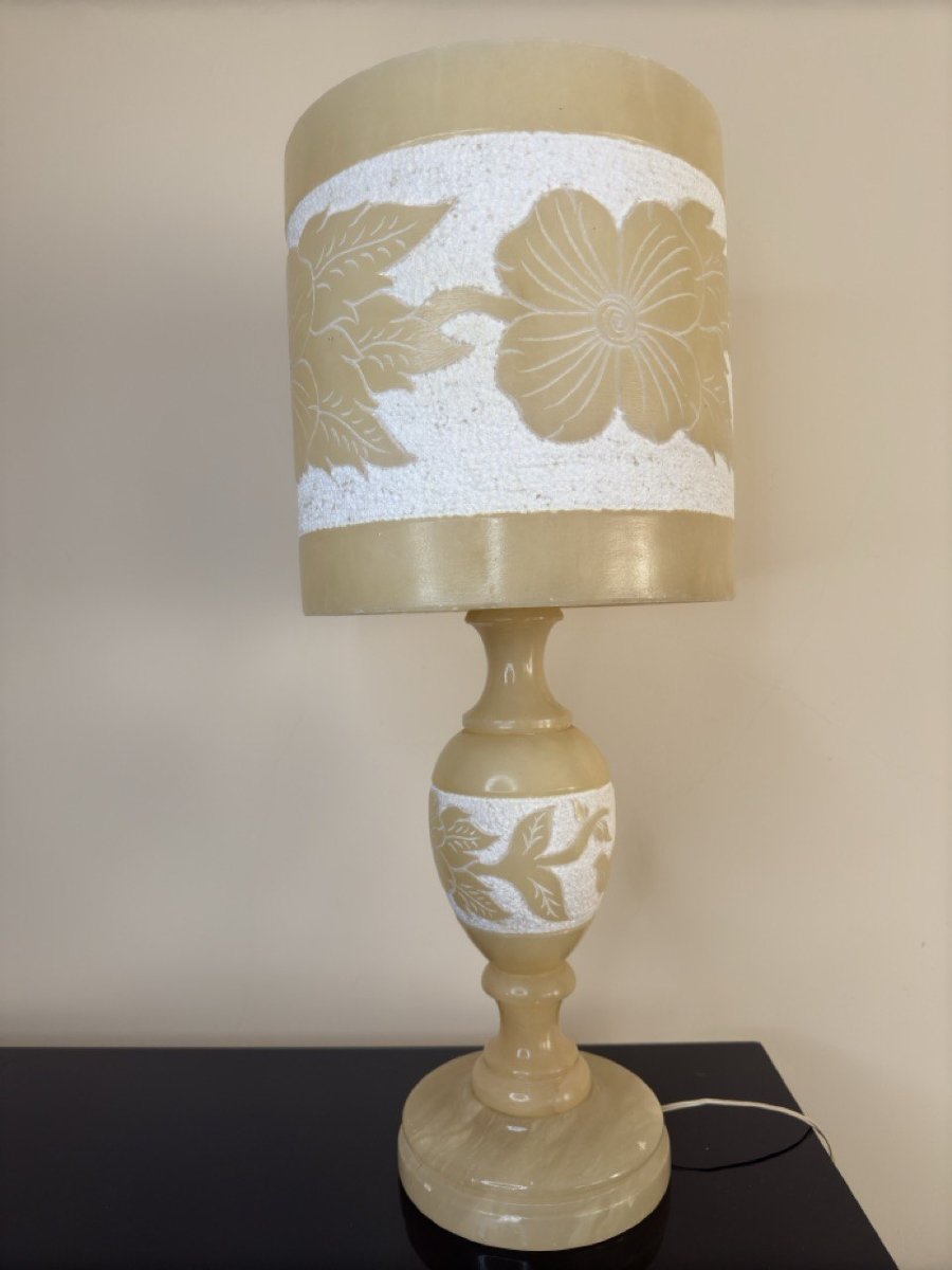 1980s Alabaster Table Lamp With Floral Decorations-photo-3