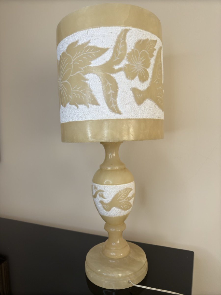 1980s Alabaster Table Lamp With Floral Decorations-photo-3