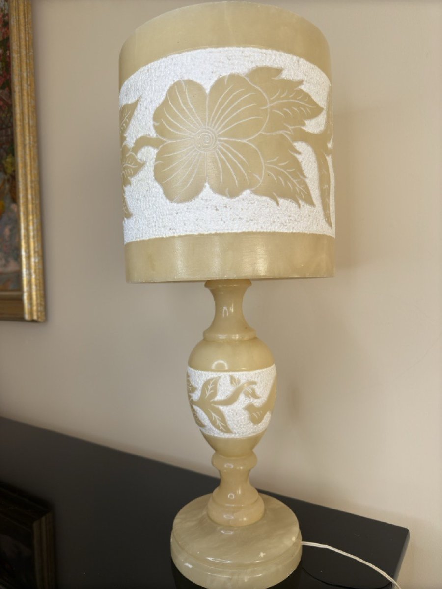 1980s Alabaster Table Lamp With Floral Decorations-photo-4