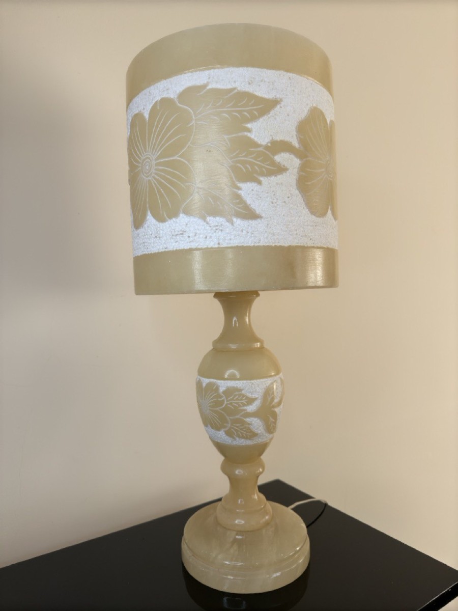 1980s Alabaster Table Lamp With Floral Decorations