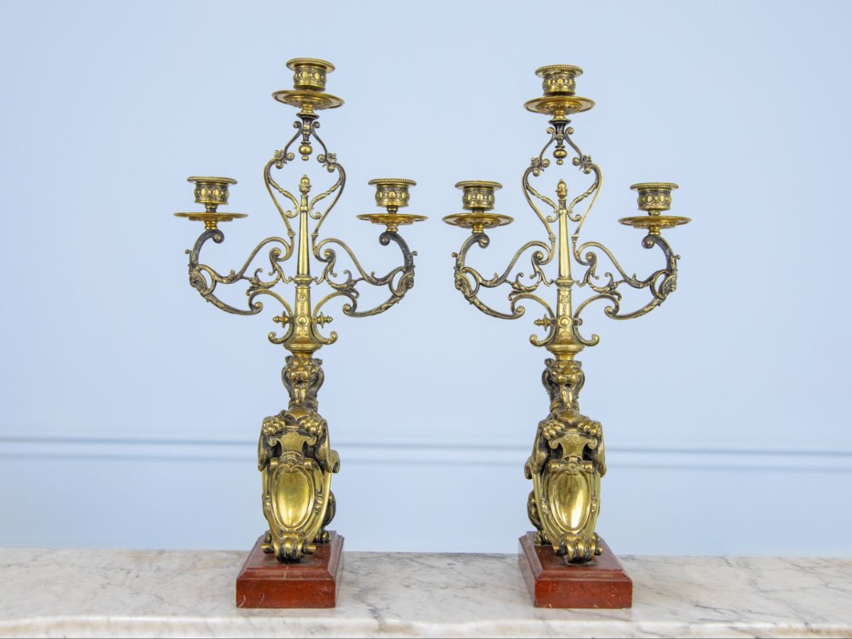 Pair Of Candlesticks, Bronze And Marble Candelabras