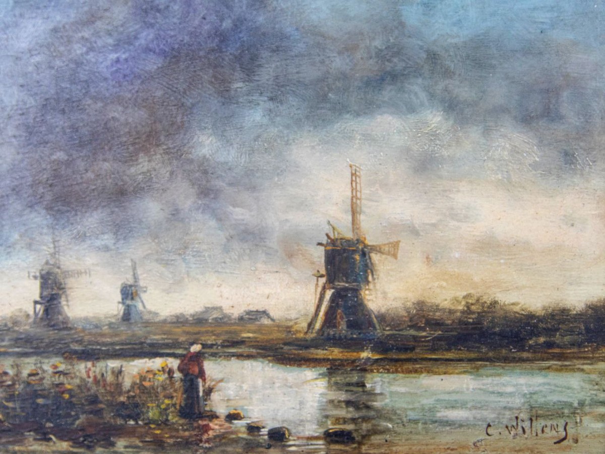 Peinture Ancienne « Paysage Aux Moulins à Vent » – Fin XIXe / Début XXe – Huile Sur Bois – Styl-photo-1