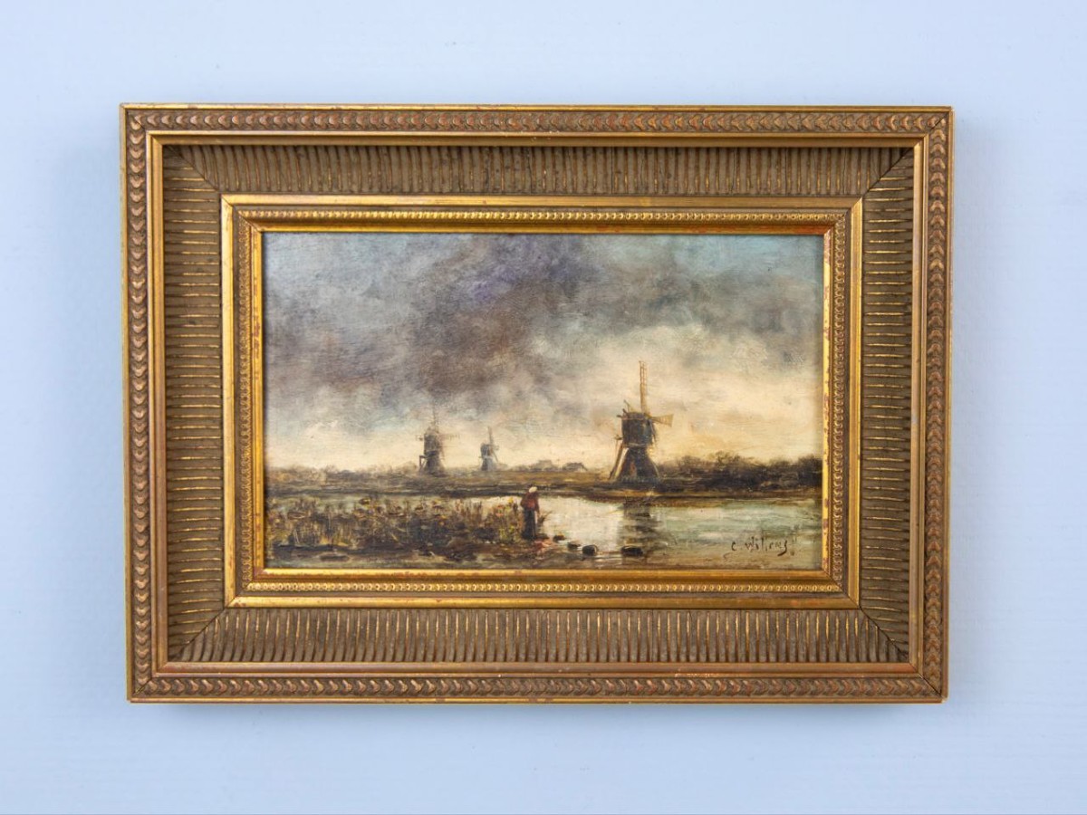 Peinture Ancienne « Paysage Aux Moulins à Vent » – Fin XIXe / Début XXe – Huile Sur Bois – Styl