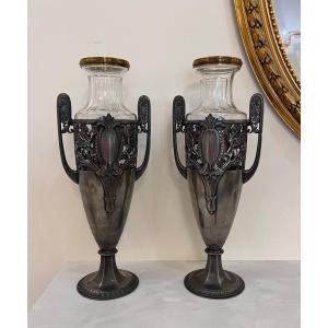 Pair Of Art Deco Pewter Vases With Crystal