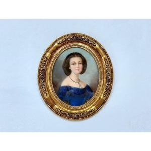 French School Portrait Of A Young Woman In Blue Mid-19th Century