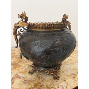 Asian Bronze Planter With Bird Decor