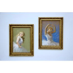 A Pair Of Antique Pastel Drawings, "ballerinas" By E. Mesfles France