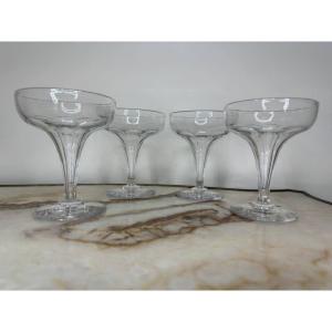 Baccarat 4 Coupes Champagne Cristal Taillé Champenoise Jambe Creuse Côtes Plates