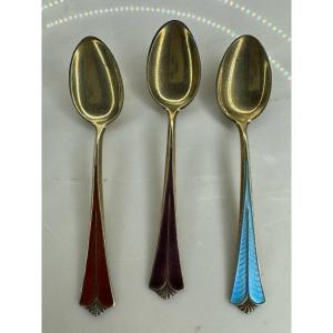 David Andersen Norway, Sterling Series 3 Oslo Guilloche Enamel Mocha Spoons.