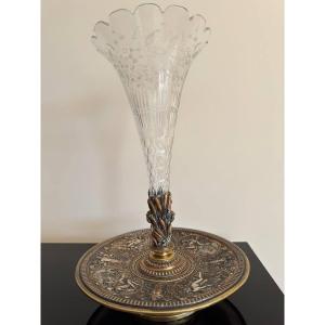 Grande Coupe Centre De Table Où Vase En Bronze & Cristal Baccarat Tulipiere XIXe Napoleon III