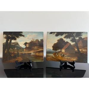 Flemish School, 18 Th Century "animated Landscape" Panels