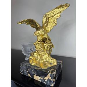 Gilded Bronze By Albert Marionnet (1852-1912) Eagle With Outstretched Wings On A Rocky Mound