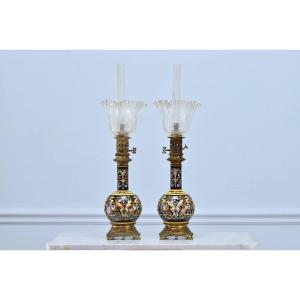 Pair Of Polychrome Lamps In Gien Earthenware