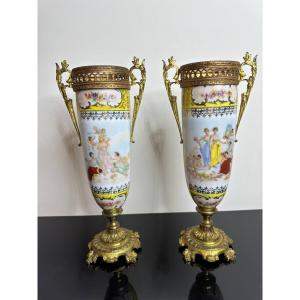 Pair Of Oblong Porcelain Vases With Graces Decor, Bronze Mount