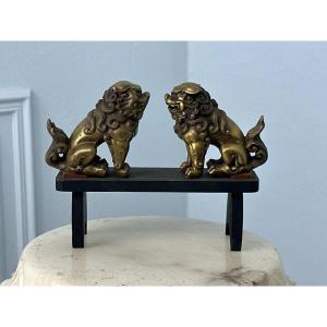 Pair Of Chinese Bronze Scroll Weights Depicting Buddhist Lions