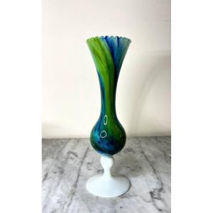 Vase Ancien En Verre Opaline Vert Et Bleu, Soliflore