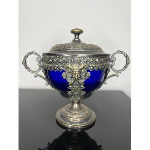 Silver Metal And Cobalt Blue Crystal Candy Dish