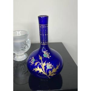 Vase En Verre Bleu Cobalt Vintage Avec Motif Floral émaillée Et Dorée