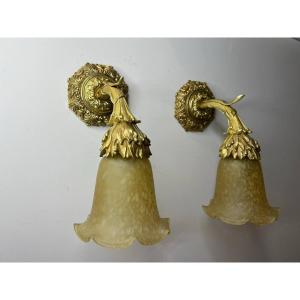 Pair Of Wall Lights In Chiseled Gilt Bronze And Brass