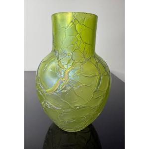 Petit Vase En Verre Craquelé Vert Irisé Kralik