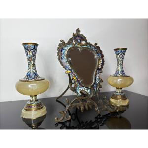 Mirror And Pair Of Small Cloisonné Vases.