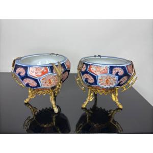 Japon , Porcelaine Imari Montée Sur Bronze De Forme Hexagonale