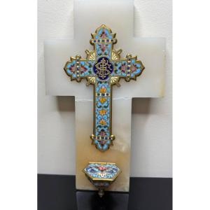 Bénitier Croix Crucifix émaux Cloisonnés Onyx Enamel Fleurs XIXème Siècle