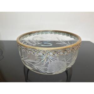 Crystal Bowl Or Salad Bowl Engraved With Flowers And Foliage, Bronze Circle, 19th Century