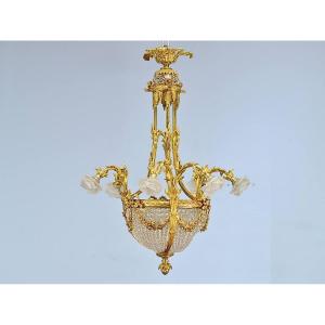  Gilt Bronze Chandelier, Crystal And Glass Paste Tulips, Louis XVI Style