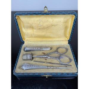 Sewing Kit With Silver Metal Case