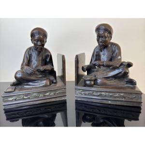 Pair Of Bronze Bookends From Vietnam “the Scholar And The Smoker”