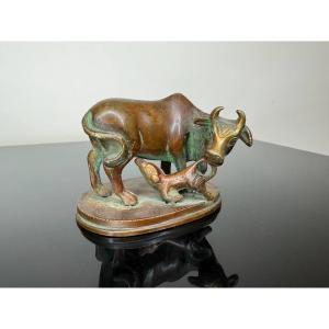 Hindu Religious Bronze Statuette, Shiva Nandi, Sacred Cow With Calf