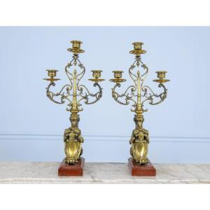 Pair Of Candlesticks, Bronze And Marble Candelabras