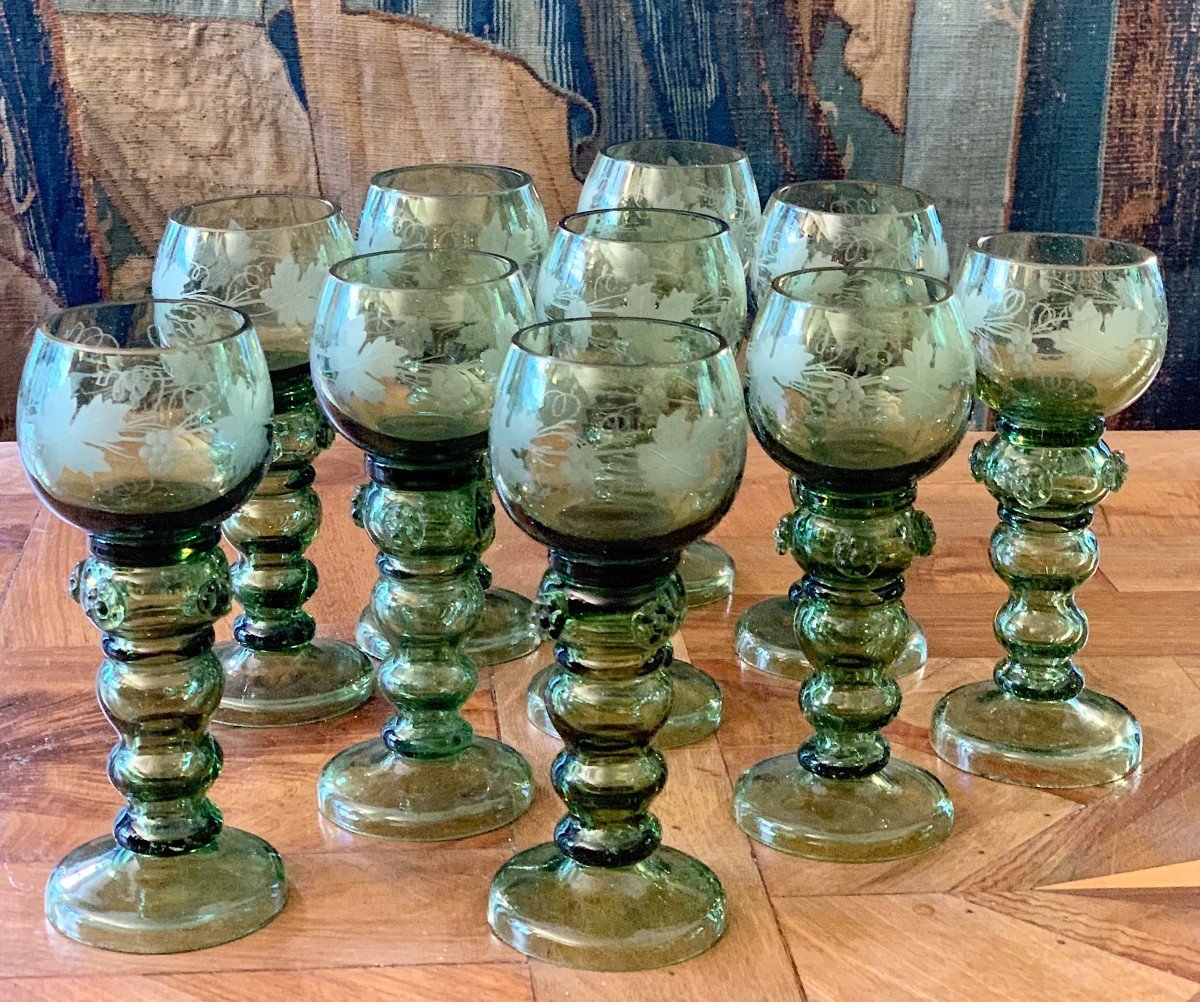 Suite Of 10 Roemer Wine Glasses In Crystal And Glass XIXth Century-photo-3