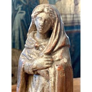 Vierge De l'Annonciation En Bois Sculpté Argenté Epoque XVIIème