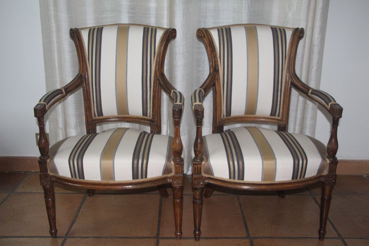 Pair Of Walnut Armchairs, Directoire Period, 1795-1799, Late 18th Century.