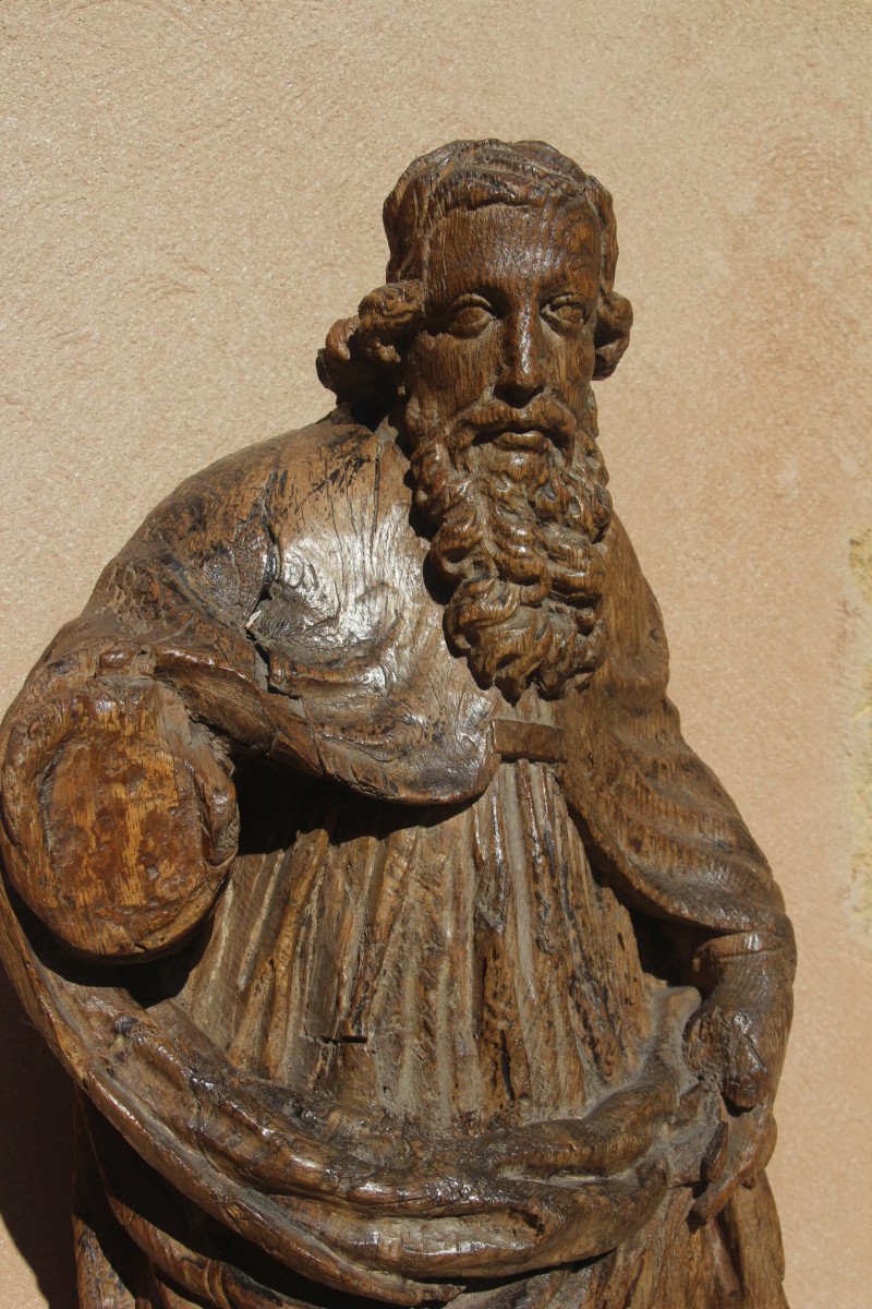 Natural Wood Sculpture Depicting Saint Paul (?), Burgundy, 17th Century Period.-photo-4