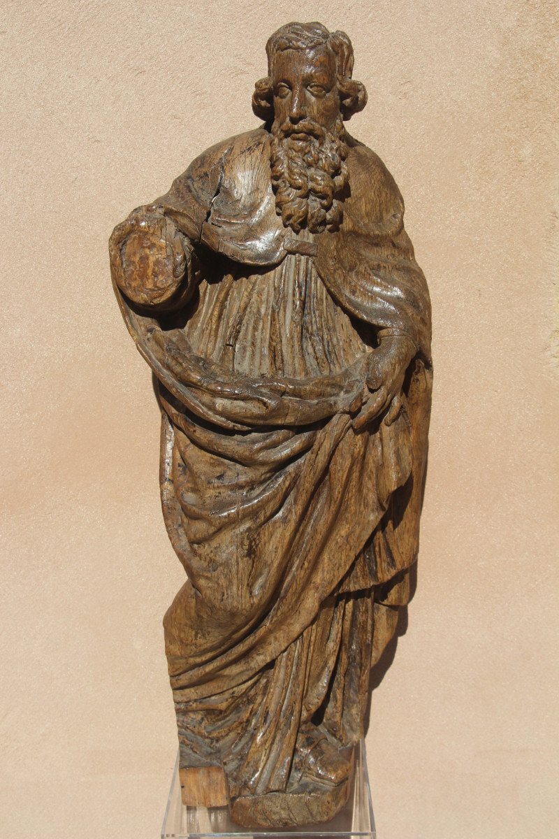 Natural Wood Sculpture Depicting Saint Paul (?), Burgundy, 17th Century Period.